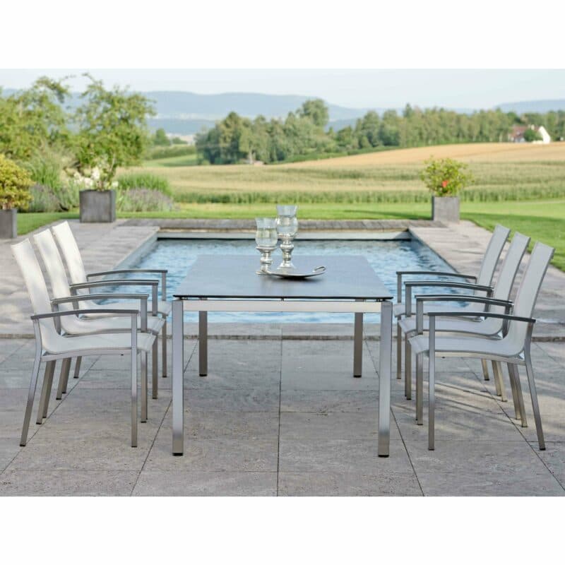 Stern Gartenmöbel-Set mit Stuhl "Evoee", Gestell Edelstahl, Textilgewebe silberfarben, Armlehnen Alu anthrazit, Gartentisch Edelstahl/HPL, 200x100 cm