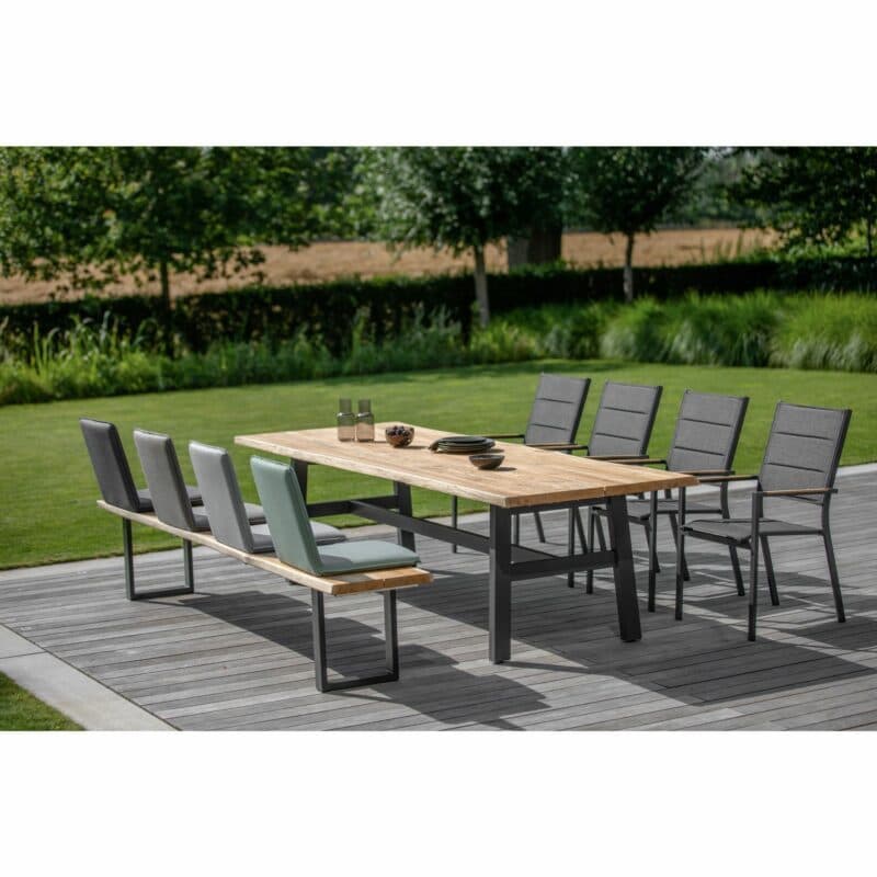 Niehoff "Tavo" Gartentisch 280x95 cm & Gartenbank 280 cm mit Gartenstuhl "Nantes" und Sitzschale "Nette", Gestell Aluminium anthrazit, Tischplatte & Sitzfläche Bank Teak, Sitzfläche Stuhl Batyline schwarz