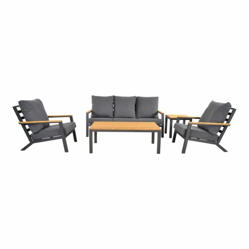 Lesli Living "Donnan" Loungeset, Gestelle Aluminium charcoal, Kissen Olefin anthrazit, Tischplatten und Armlehnen Bambus
