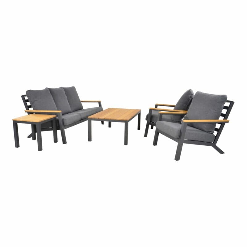 Lesli Living "Donnan" Loungeset, Gestelle Aluminium charcoal, Kissen Olefin anthrazit, Tischplatten und Armlehnen Bambus