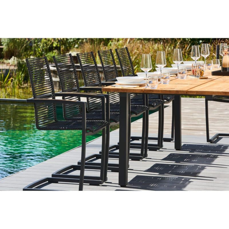CASA DOMA "Mineo/Varano" Gartenmöbel-Set 7-tlg., Gestelle Edelstahl anthrazit, Sitzfläche Rope anthrazit, Armlehnen Teak, Ausziehtisch Tischplatte Teak, 210/310x100 cm