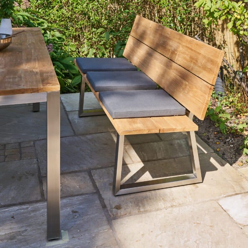 CASA DOMA "Varano" Gartenbank 190 cm, Gestell Edelstahl gebürstet, Sitzfläche Teak, Sitzkissen Mineo