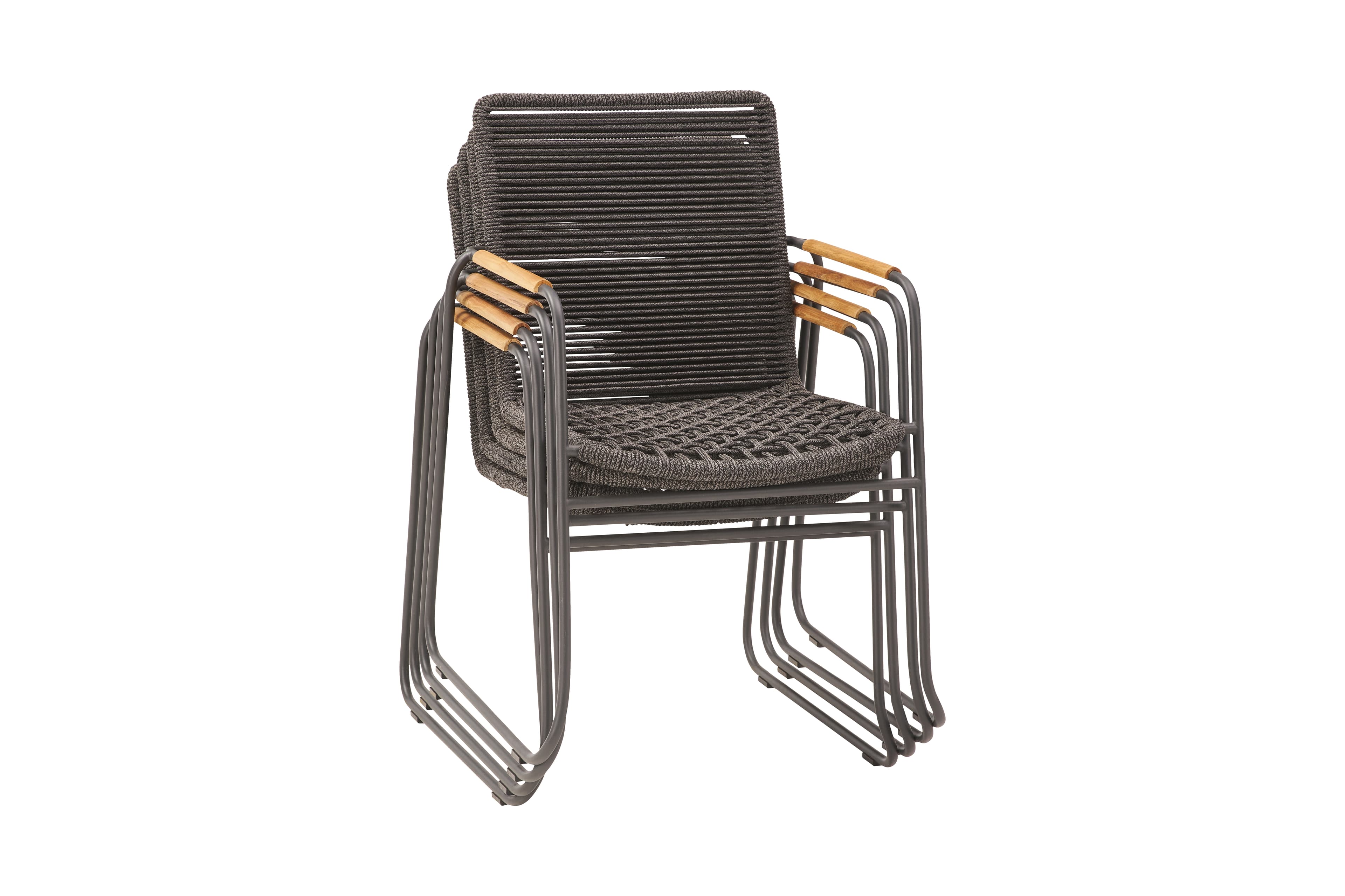 CASA DOMA "Solano" Stapelstuhl, Edelstahl anthrazit, Rope anthrazit, Armlehne Teak, Sitzkissen medium grey – gestapelt