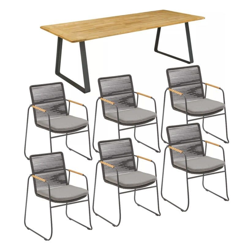 CASA DOMA Set mit "Solano" Stapelstuhl, Edelstahl anthrazit, Rope anthrazit, Armlehnen Teak, Kissen medium grey und "Trapani" Gartentisch 240x100 cm, Teakplatte