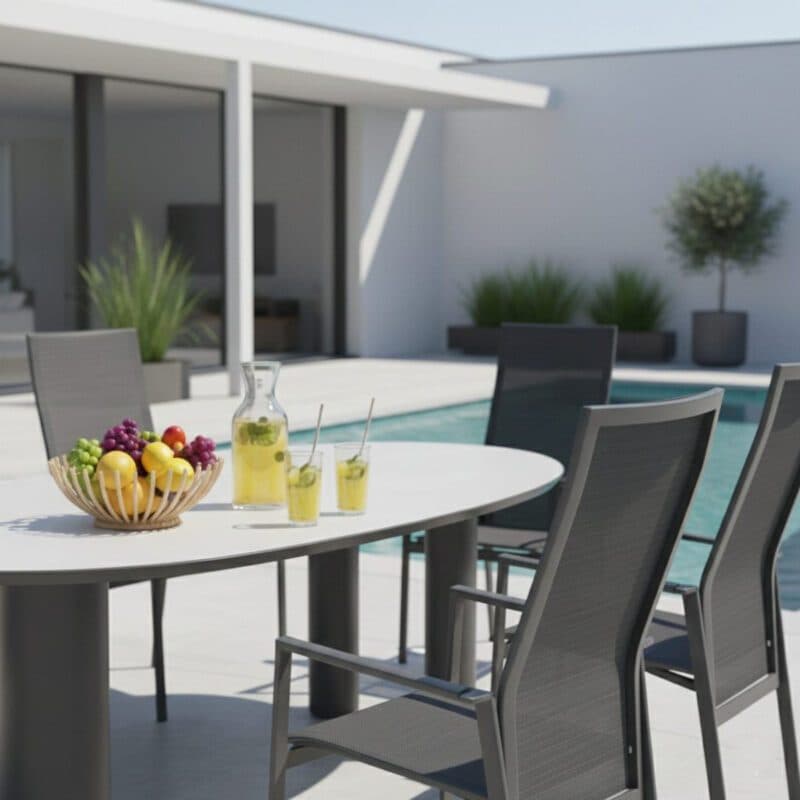 Gartenmöbel-Set mit Liadomo "Limbadi Move" Stapelsessel und CASA DOMA "Lioni" Gartentisch 260 × 115 cm, Gestelle Aluminium anthrazit, Armlehnen Aluminium (Bild KI-generiert)