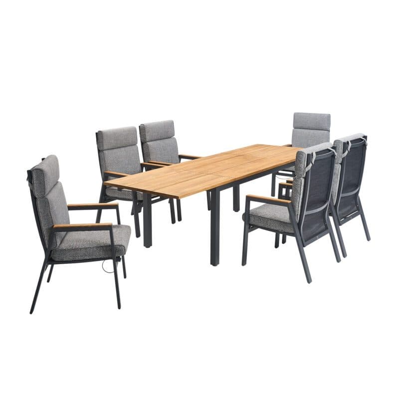 Gartenmöbel-Set mit Liadomo "Celano" Diningsessel und CASA DOMA "Varano" Ausziehtisch 160x90 cm, Gestelle Aluminium und Edelstahl anthrazit, Polster grau, Armlehnen & Tischplatte Teak