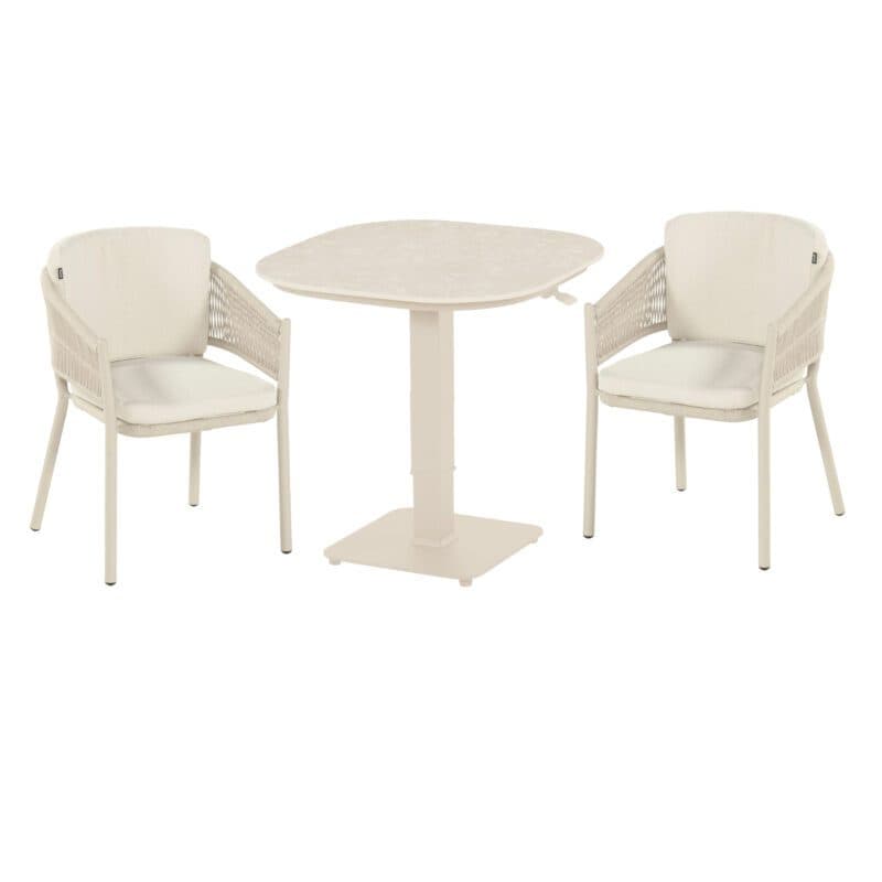 Hartman "Altea/Tubb" Gartenmöbel-Set, Gestelle Aluminium sand, Rope sand, Weatherready® Kissen beige, Tischplatte Keramik beige 70×70 cm, Tischfuß im Original mit dunkler Umrandung