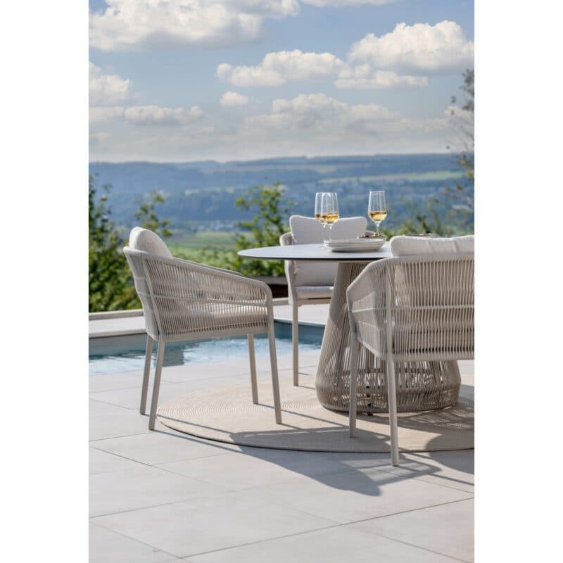 Stern "Rhoda" Gartentisch, Gestell Aluminium und Rope greige, Tischplatte HPL quartz, Ø 134 cm