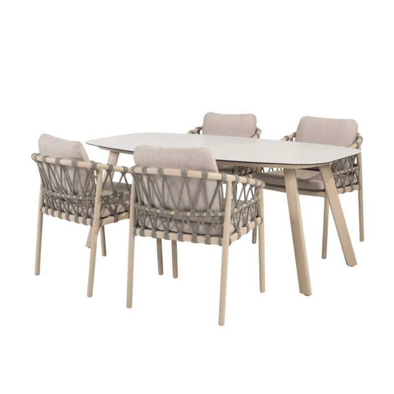 4Seasons Outdoor "Piacenza" Diningsessel, Gestell Aluminium latte, Rope-Bespannung grau, Kissen Olefin hellgrau mit "Manolo" Gartentisch 180x95 cm, Tischplatte Keramik